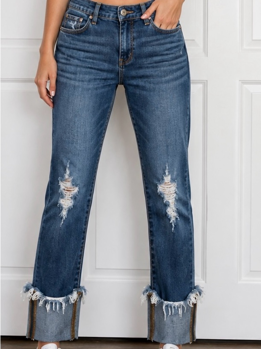 Judy Blue LA Distressed Jeans Size 1/25 Dark Wash Wide Frayed Distressed Cuff